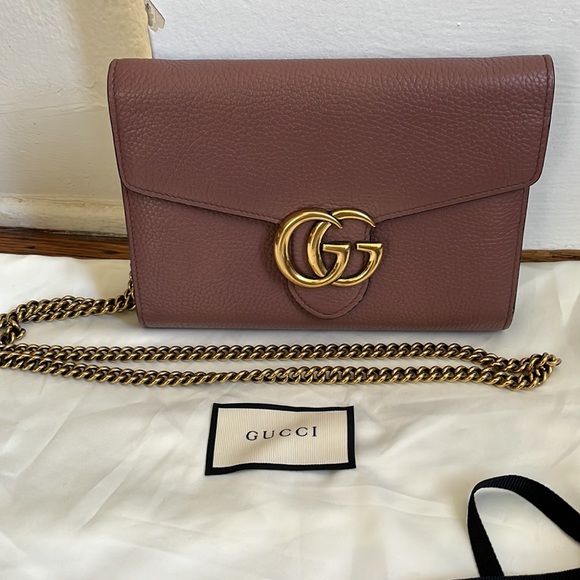 Gucci Handbags - Gucci GG Marmont Flap Clutch Wallet-on-Chain in Grainy Calfskin Leather